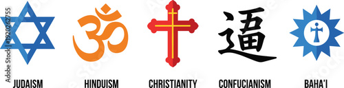Set of world religion symbols featuring colorful vector icons for Judaism Hinduism Christianity Confucianism and Baha’i with clear text labels