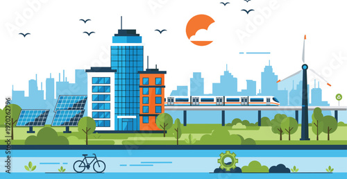 Sustainable green city vector illustration featuring renewable energy with solar panels wind turbines eco friendly public transport and modern urban skyline architecture.