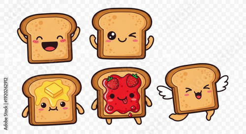 Cartoon toast characters with various emotions and toppings on white background