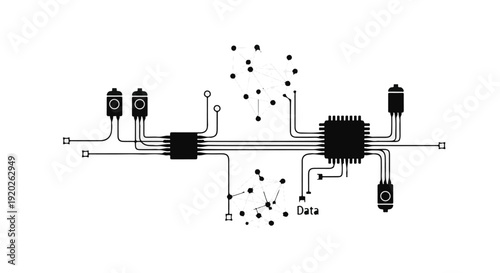 Network data flow diagram with nodes and connections illustrating information exchange and processing in a modern technical system