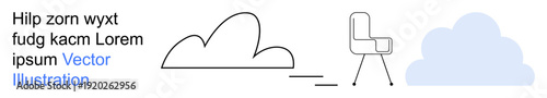 Cloud technology, data storage, office solutions, remote work, digital interaction, minimalism. Stylized cloud with line-art chair and abstract illustrations. Cloud technology and data storage