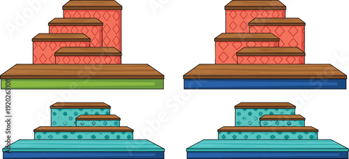 Set of 3D tiered display podiums with wooden tops and patterned bases for product showcase exhibition stands and commercial mockups.