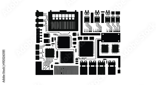 Electronic circuit board components close-up technical diagram with microchips and connectors on printed circuit board for technology and engineering concept