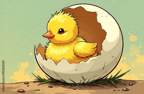 Yellow duckling emerging from cracked eggshell on ground with green grass and soft pastel background, showcasing a whimsical illustration of new life and nature's beauty