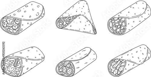 Set of burrito and tortilla wrap line art vector illustrations featuring delicious Mexican food rolls with beans meat and vegetables.