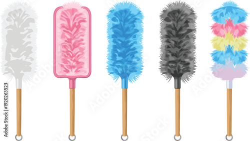 Set of colorful feather duster vector illustrations featuring various cleaning tools with wooden handles and fluffy fibers in multiple vibrant colors.