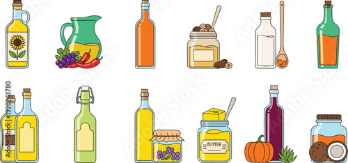 Set of cooking oil and spread vector illustrations featuring sunflower oil glass bottles jars of butter coconut oil and vinegar carafes.