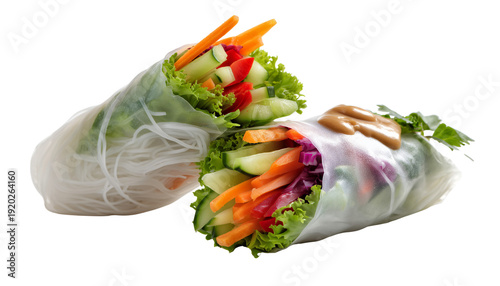 Fresh Spring Rolls Delight A pair of vibrant spring rolls bursting with colorful vegetables and herbs, beautifully wrapped in translucent rice paper.