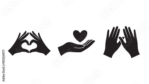 Hands forming heart shapes in minimalist black silhouettes on white background for charity iconography