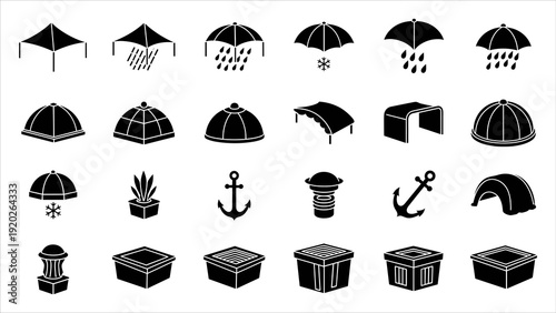 Collection of black and white icons depicting various umbrellas, anchors, and boxes in a grid layout on a plain background from a direct viewpoint