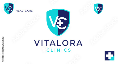 Vitalora Clinics logo with a shield incorporating letter V and medical cross symbol, representing healthcare and medical services on an isolated white background.