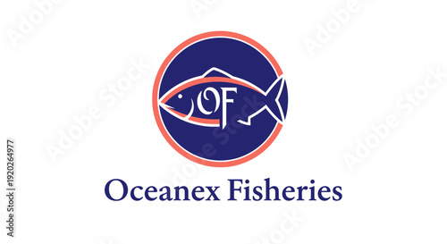 Oceanex Fisheries logo featuring stylized letters OF within a fish outline inside a circle, symbolizing fishing, seafood, and aquatic industry on an isolated white background.