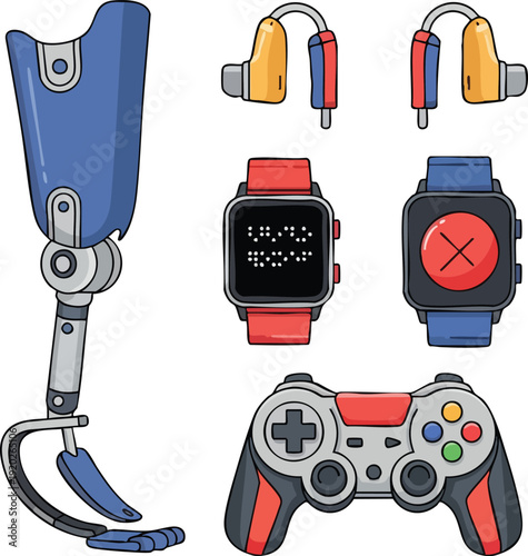 Inclusive Design Gadgets Set Featuring Bionic Running Blade and Accessibility Tools