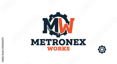 Robust MW Lettermark Logo Design for Metronex Works with a Cogwheel Gear Icon on an Isolated White Background