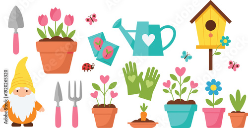 Cute gardening vector icon set with garden gnome flowers in pots birdhouse watering can tools and butterflies isolated on white background.