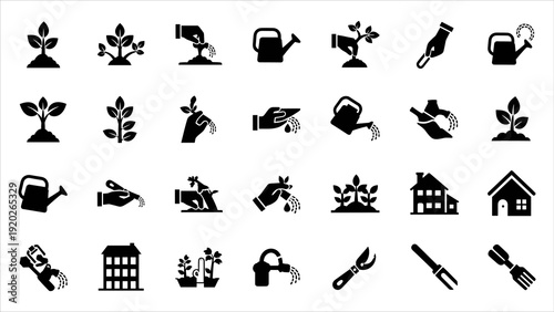 Collection of gardening icons displayed in a grid layout on a clean white background, showcasing various tools and elements related to gardening and outdoor activities