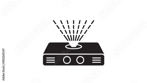Projector emitting light beams in simple flat design with black color on white background for technology illustration