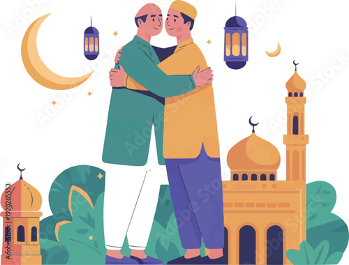 Two Muslim men hugging celebrating Eid al-Fitr with mosques and lanterns in background festive holiday illustration