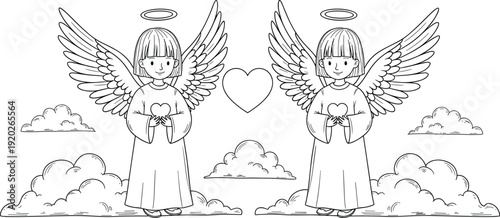 Line art vector illustration of two angels with wings holding hearts standing on clouds with a central heart and halos.