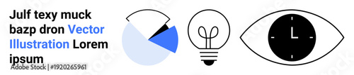 Data analysis, creativity, ideas, time management, productivity, and vision. Minimalistic pie chart, lightbulb and eye with a clock symbol. Data analysis and creativity visuals