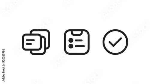 Simple icons for documents and approval in minimalist style with black outline on white background for user interface design