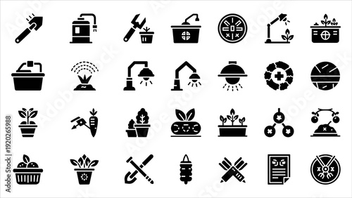 Collection of black gardening icons on white background, including tools and plants, in a grid layout, vector illustration