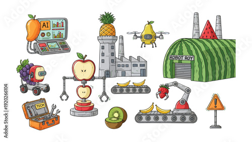 Fruit Factory: An imaginative illustration of a fruit factory, showcasing a creative fusion of technology and produce, from robotic arms to automated sorting systems. 