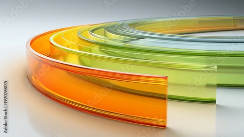 Rendered abstract illustration of colorful transparent curved bands. Gradient color palette. 3D perspective