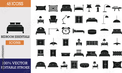 Bedroom essentials icons set showing furniture and accessories