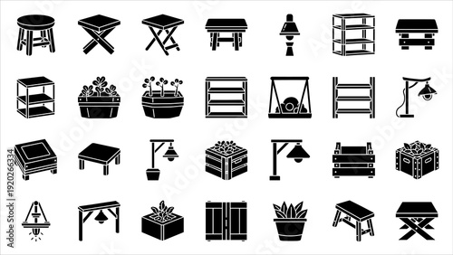 Collection of black and white furniture and decor icons displayed on a grid