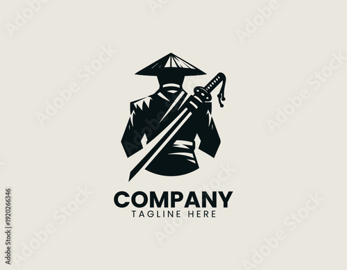 Samurai warrior stands holding katana sword in clean modern vector illustration style