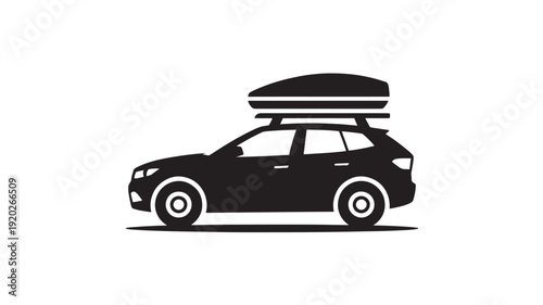 SUV with rooftop cargo carrier in simple silhouette style with black color on white background for travel advertising