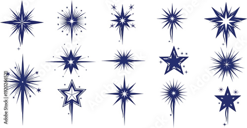 Christmas star vector silhouettes set with shooting comets and sparks