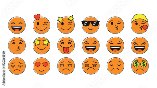 Emoji Faces Showing Various Emotions Isolated on White Background