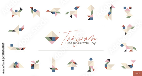 Tangram Classic Puzzle Toy Set, Minimal Geometric Animal Shapes Collection, Pastel Vector Illustration Templates for Kids Learning and Brain Training
