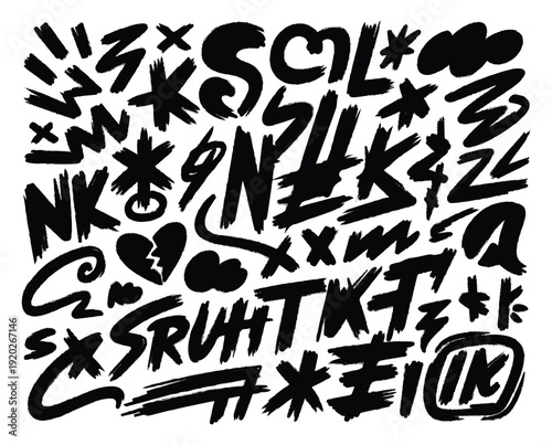 Abstract black brushstrokes form dynamic shapes on a white background