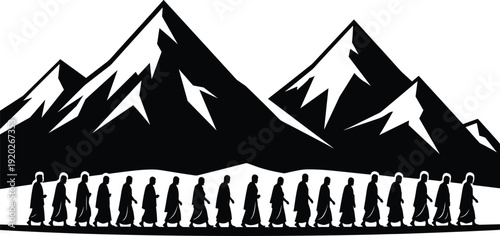 Black vector silhouette of a long line of travelers walking together in front of large majestic mountain peaks isolated on a white background.