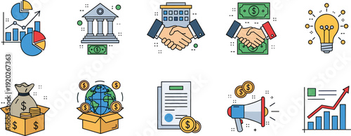 Business investment and financial growth set featuring handshake partnership banking building profit charts megaphone marketing money bag and global economy strategy icons
