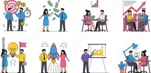 Business Team People Character Illustrations Set for Startup Project Launch Success Financial Growth Marketing Strategy and Collaborative Office Workplace Management Solutions
