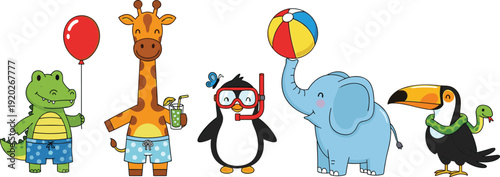 Cute cartoon wild animals collection featuring crocodile with balloon, giraffe with juice, penguin in snorkel gear, elephant playing ball, and toucan with snake