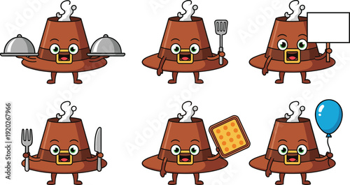 Set of cute pilgrim hat cartoon characters with various food service items for Thanksgiving holiday celebration, autumn feast invitation and seasonal restaurant marketing