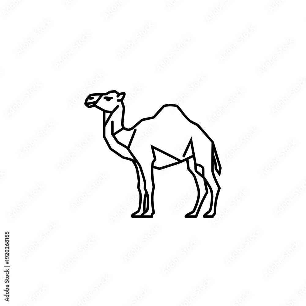 Fototapeta premium A minimalist black outline drawing of a dromedary camel standing in profile.