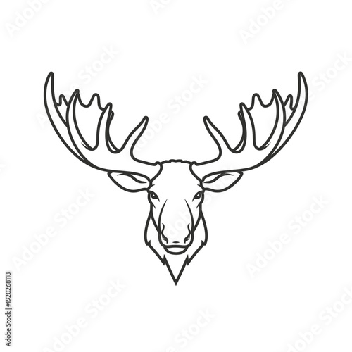 A stylized black and white line drawing of a moose head with large antlers.