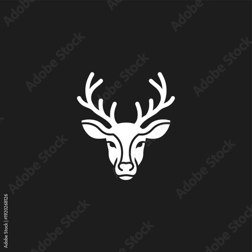 A striking white deer head with prominent antlers against a stark black background, presented in a minimalist and elegant vector style.