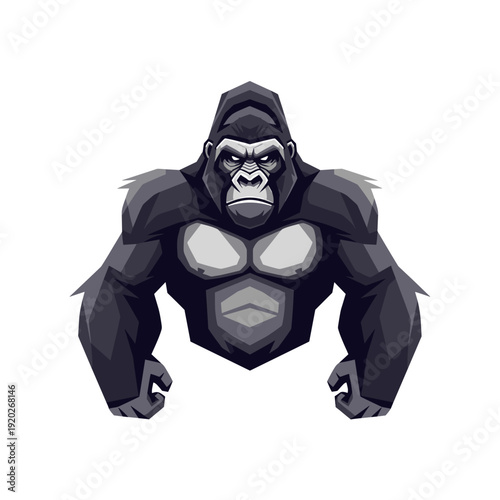 A powerful and muscular gorilla illustration with a serious expression, depicted in a stylized, geometric art style.