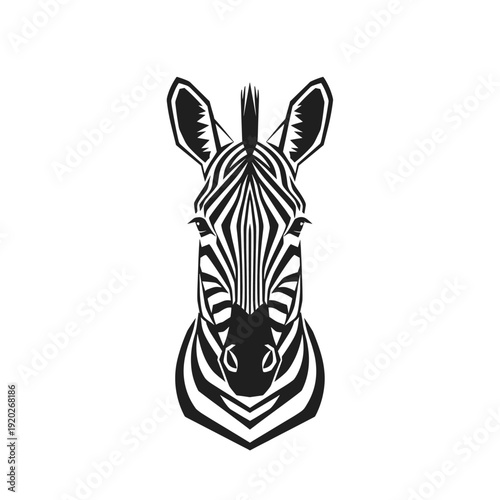 Striking black and white illustration of a zebra's head facing forward, showcasing its unique stripe pattern.