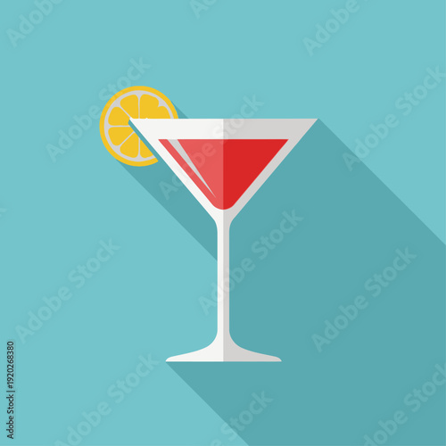 A flat design illustration of a cocktail glass with a lemon slice, casting a long shadow.