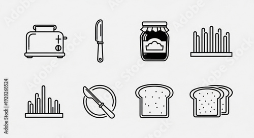 Breakfast icons set including toaster knife jam bread plate and butter simple line style
