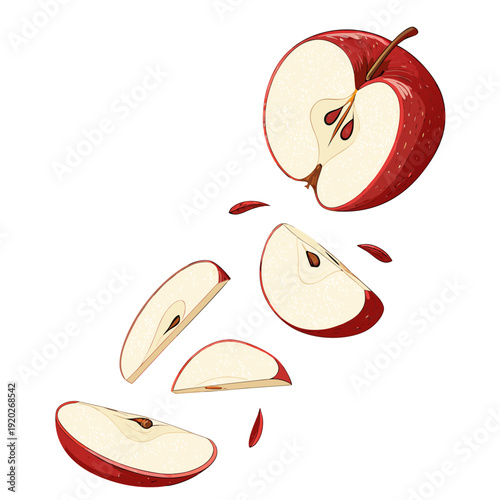 Fresh red apple sliced into pieces falling with juice drops.
