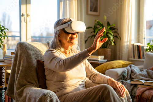 An elderly woman sitting on a sofa while experiencing metaverse.